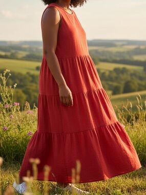Chicos Sz. 3 Cotton Modal Sleeveless Tiered Maxi Dress in Terracotta Red